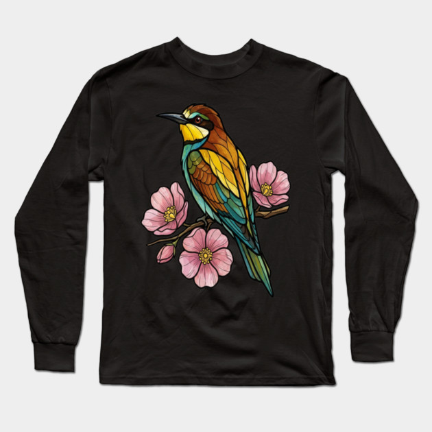 European Bee Eater Floral Bird Artwork Long Sleeve T-Shirt by BirdsnStuff
