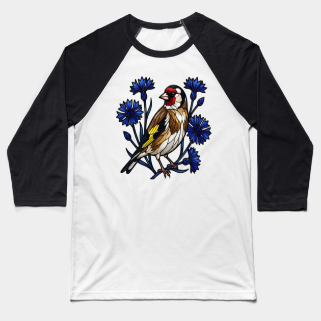 European Goldfinch Stained Glass Botanical Bird Art Baseball T-Shirt by BirdsnStuff