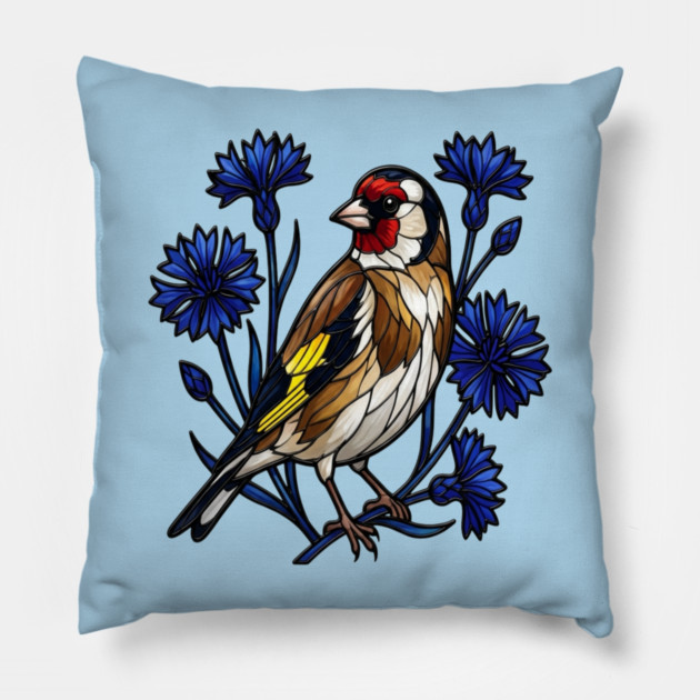 European Goldfinch Stained Glass Botanical Bird Art Pillow by BirdsnStuff