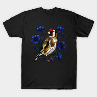 European Goldfinch Stained Glass Botanical Bird Art T-Shirt