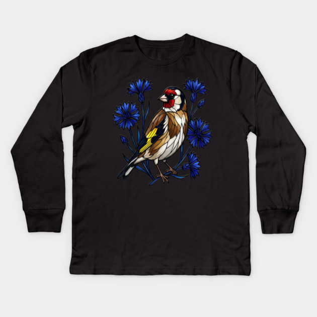 European Goldfinch Stained Glass Botanical Bird Art Kids Long Sleeve T-Shirt by BirdsnStuff