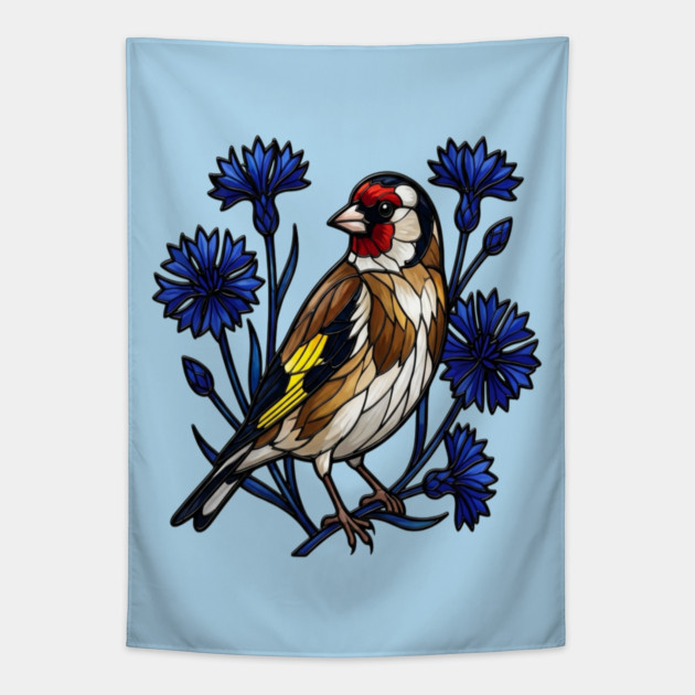 European Goldfinch Stained Glass Botanical Bird Art Tapestry by BirdsnStuff