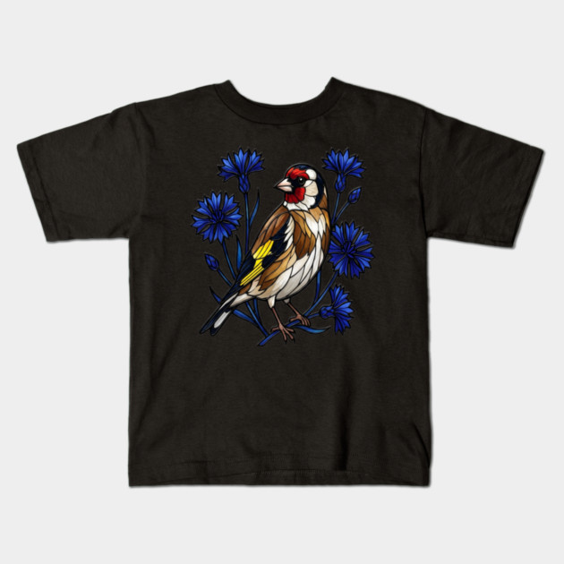 European Goldfinch Stained Glass Botanical Bird Art Kids T-Shirt by BirdsnStuff