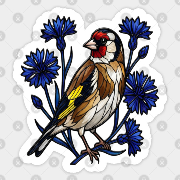 European Goldfinch Stained Glass Botanical Bird Art Sticker by BirdsnStuff