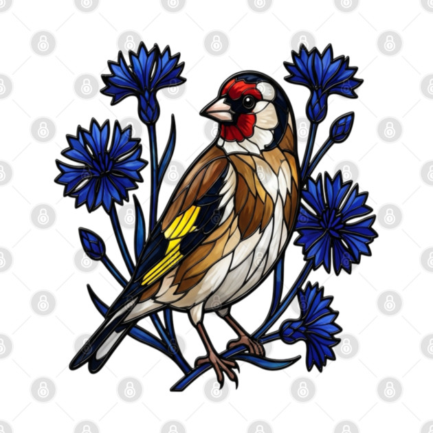 European Goldfinch Stained Glass Botanical Bird Art by BirdsnStuff