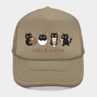 Cats and Coffee Cute Black Cat Illustration - Cozy Cat Lover Hat