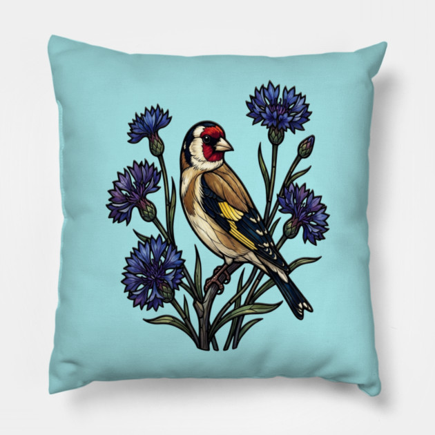 Stained Glass European Goldfinch Bird Art Pillow by BirdsnStuff