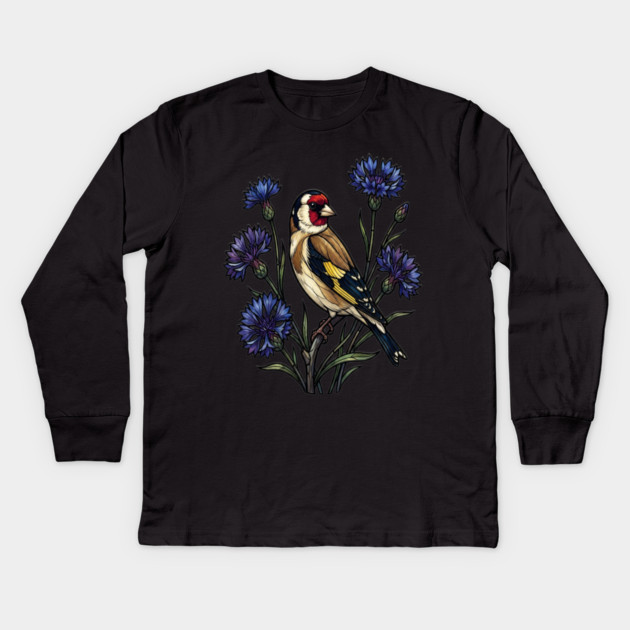 Stained Glass European Goldfinch Bird Art Kids Long Sleeve T-Shirt by BirdsnStuff