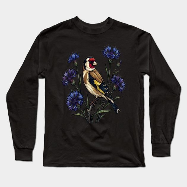 Stained Glass European Goldfinch Bird Art Long Sleeve T-Shirt by BirdsnStuff