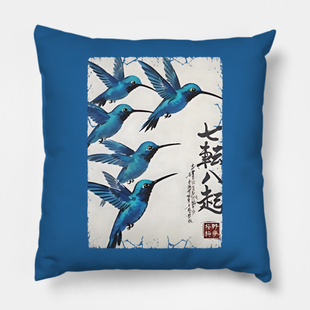Beautiful Blue Hummingbirds of Happiness Japanese style art Pillow by Luxinda