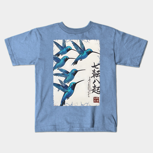 Beautiful Blue Hummingbirds of Happiness Japanese style art Kids T-Shirt by Luxinda