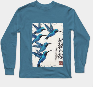 Beautiful Blue Hummingbirds of Happiness Japanese style art Long Sleeve T-Shirt