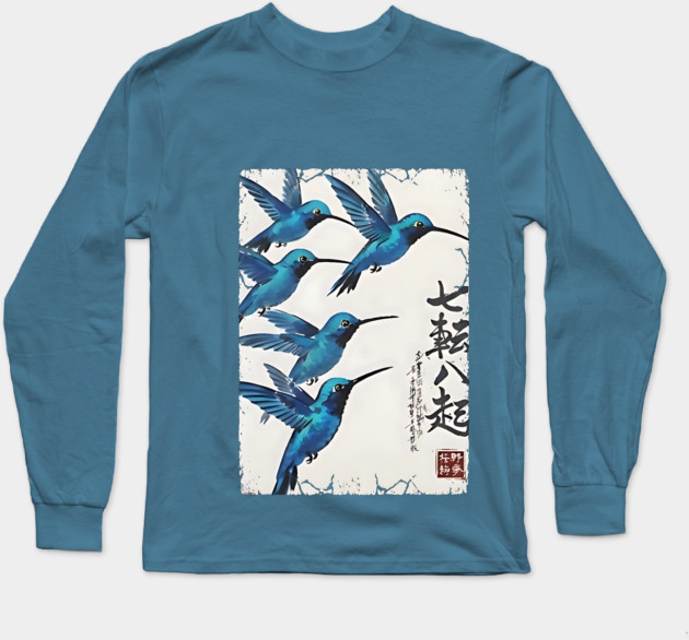 Beautiful Blue Hummingbirds of Happiness Japanese style art Long Sleeve T-Shirt by Luxinda