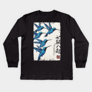 Beautiful Blue Hummingbirds of Happiness Japanese style art Kids Long Sleeve T-Shirt