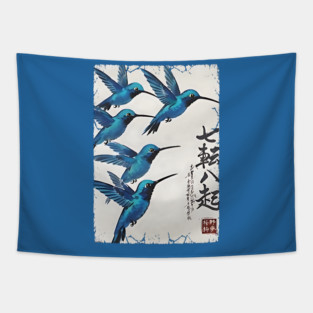 Beautiful Blue Hummingbirds of Happiness Japanese style art Tapestry