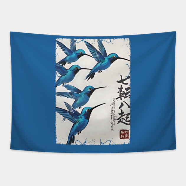 Beautiful Blue Hummingbirds of Happiness Japanese style art Tapestry by Luxinda