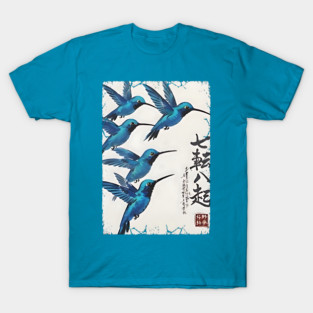 Beautiful Blue Hummingbirds of Happiness Japanese style art T-Shirt