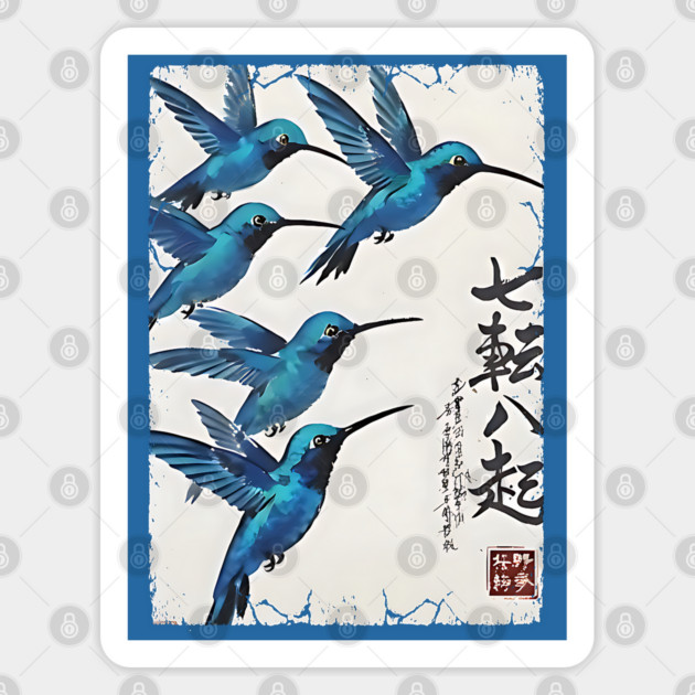 Beautiful Blue Hummingbirds of Happiness Japanese style art Sticker by Luxinda