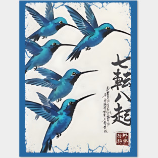Beautiful Blue Hummingbirds of Happiness Japanese style art Posters and Art