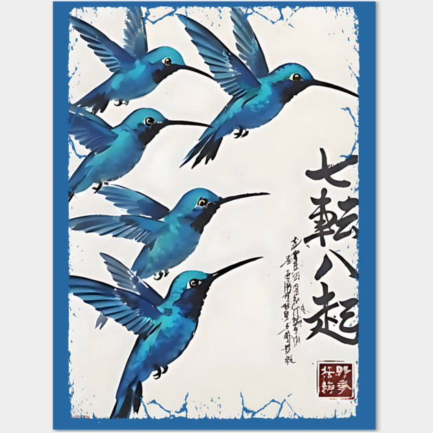 Beautiful Blue Hummingbirds of Happiness Japanese style art Wall Art by Luxinda