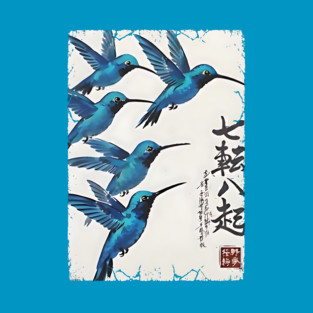 Beautiful Blue Hummingbirds of Happiness Japanese style art T-Shirt
