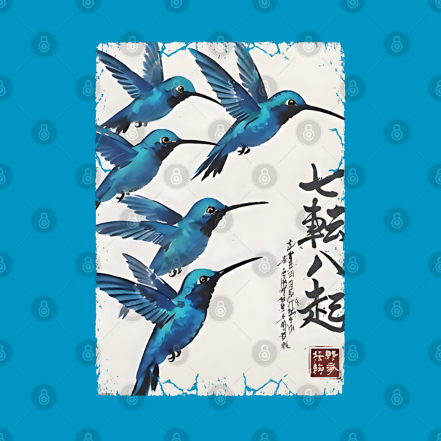 Beautiful Blue Hummingbirds of Happiness Japanese style art by Luxinda