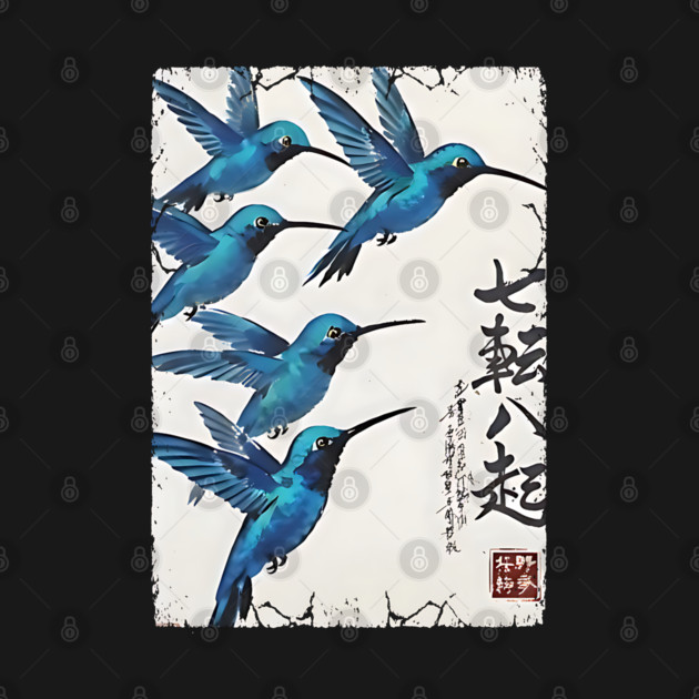 Beautiful Blue Hummingbirds of Happiness Japanese style art by Luxinda