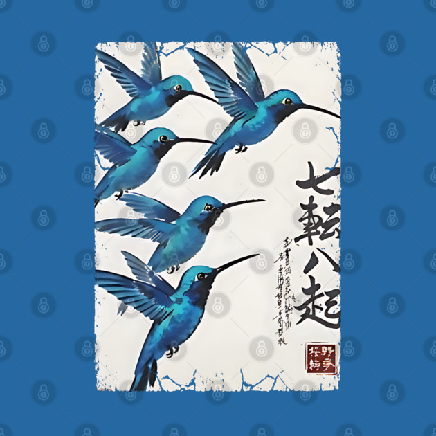 Beautiful Blue Hummingbirds of Happiness Japanese style art by Luxinda