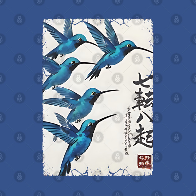 Beautiful Blue Hummingbirds of Happiness Japanese style art by Luxinda