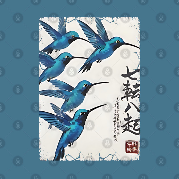 Beautiful Blue Hummingbirds of Happiness Japanese style art by Luxinda