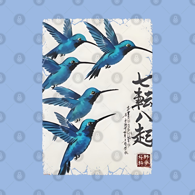 Beautiful Blue Hummingbirds of Happiness Japanese style art by Luxinda