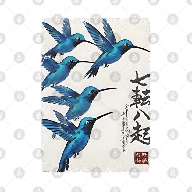Beautiful Blue Hummingbirds of Happiness Japanese style art by Luxinda