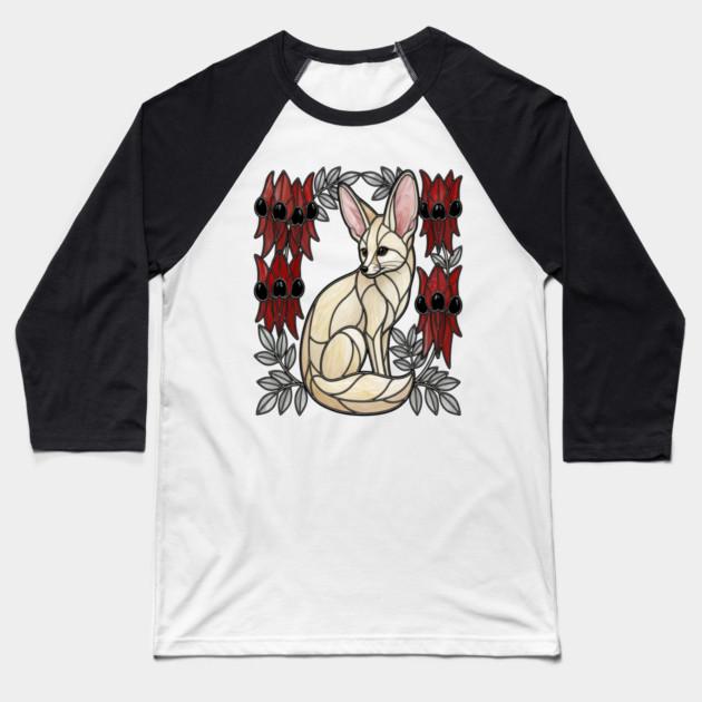 Stained Glass Fennec Fox Desert Floral Art Baseball T-Shirt by BirdsnStuff