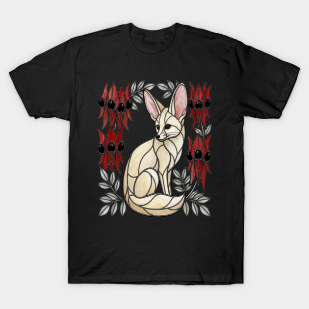 Stained Glass Fennec Fox Desert Floral Art T-Shirt by BirdsnStuff