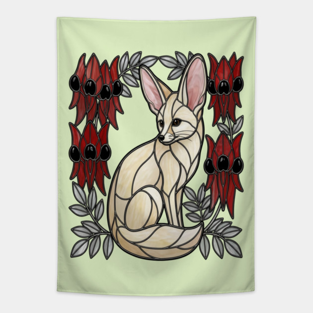 Stained Glass Fennec Fox Desert Floral Art Tapestry by BirdsnStuff