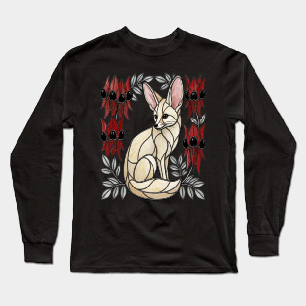 Stained Glass Fennec Fox Desert Floral Art Long Sleeve T-Shirt by BirdsnStuff