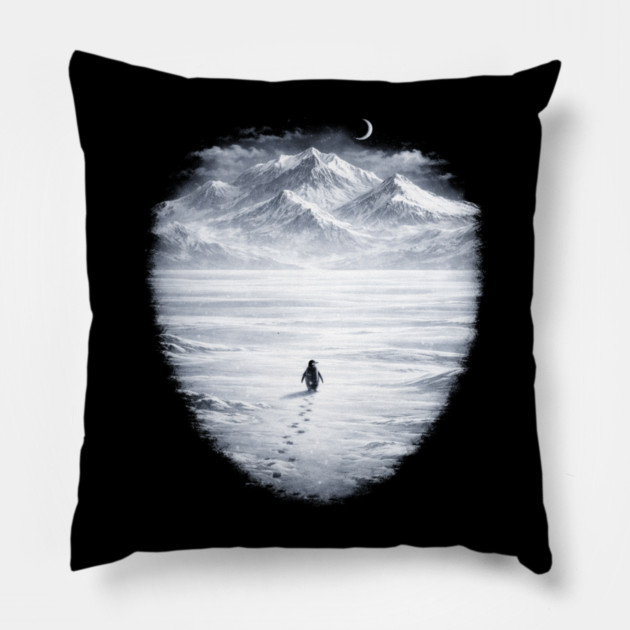 Lone Penguin Mountains Winter Trek Pillow by ArtistTee ⭐⭐⭐⭐⭐