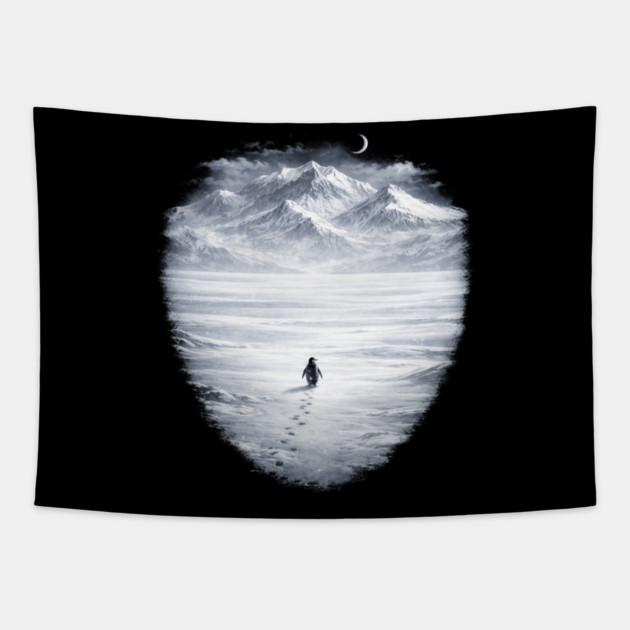 Lone Penguin Mountains Winter Trek Tapestry by ArtistTee ⭐⭐⭐⭐⭐