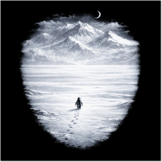 Lone Penguin Mountains Winter Trek Wall Art by ArtistTee ⭐⭐⭐⭐⭐