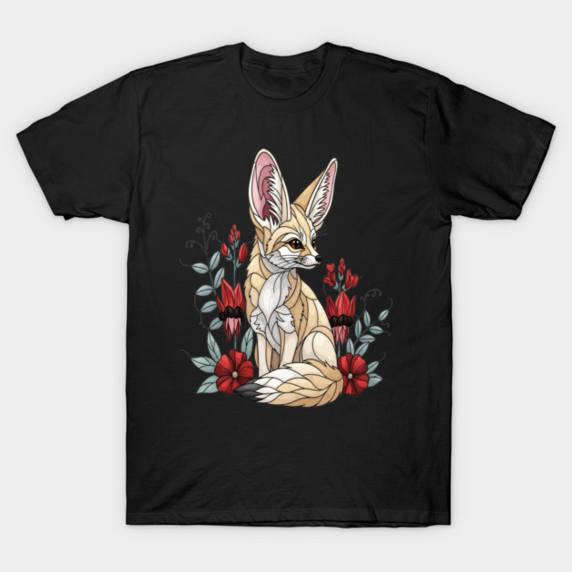 Fennec Fox Stained Glass Botanical Illustration T-Shirt by BirdsnStuff