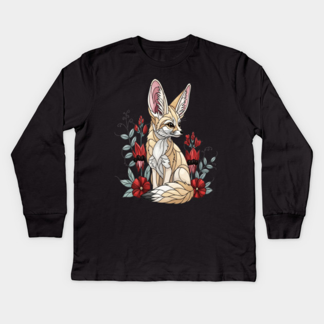 Fennec Fox Stained Glass Botanical Illustration Kids Long Sleeve T-Shirt by BirdsnStuff
