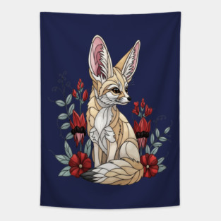 Fennec Fox Stained Glass Botanical Illustration Tapestry