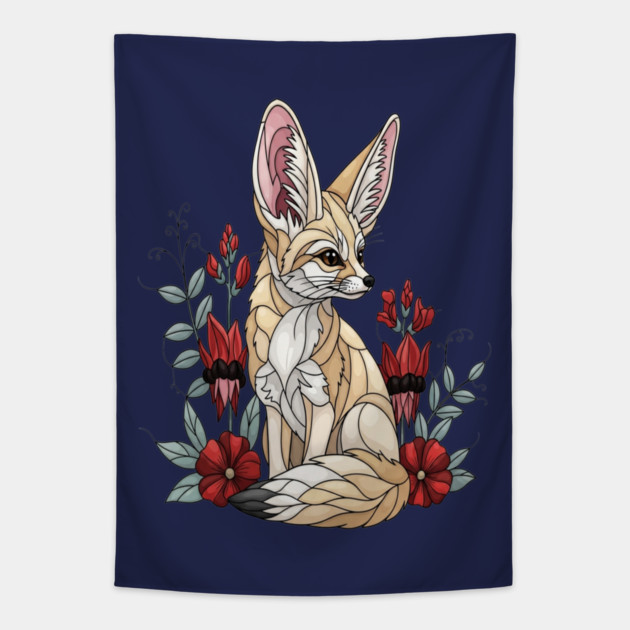 Fennec Fox Stained Glass Botanical Illustration Tapestry by BirdsnStuff