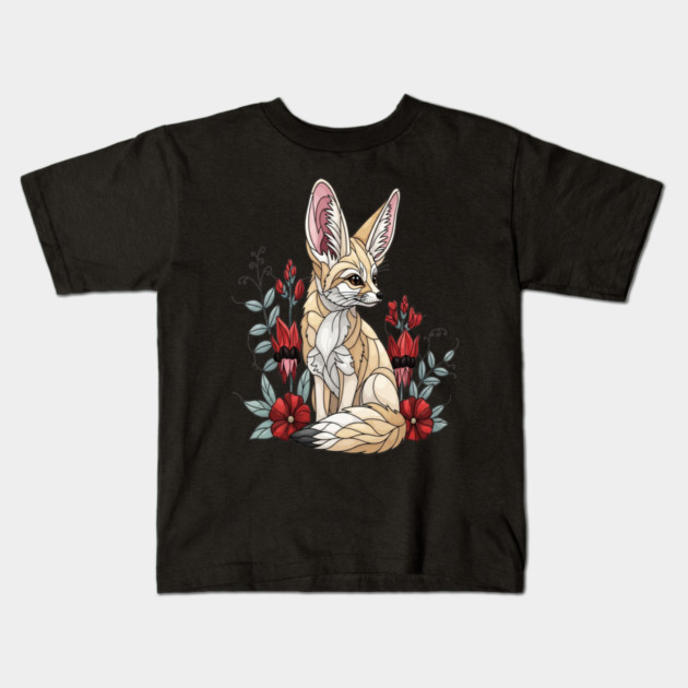 Fennec Fox Stained Glass Botanical Illustration Kids T-Shirt by BirdsnStuff