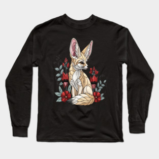 Fennec Fox Stained Glass Botanical Illustration Long Sleeve T-Shirt