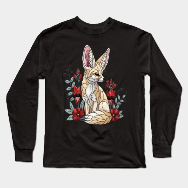 Fennec Fox Stained Glass Botanical Illustration Long Sleeve T-Shirt by BirdsnStuff