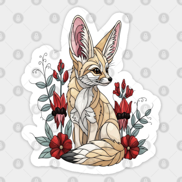 Fennec Fox Stained Glass Botanical Illustration Sticker by BirdsnStuff