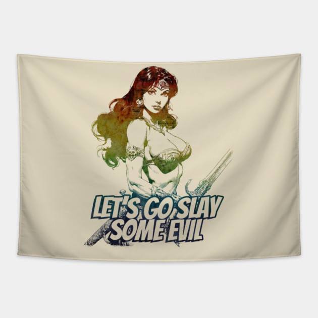 "Let's Go Slay Some Evil" Vintage Barbarian Fantasy Tapestry by Nonstop Shirts