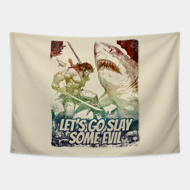 "Let's Go Slay Some Evil" Vintage Barbarian Fantasy Tapestry by Nonstop Shirts