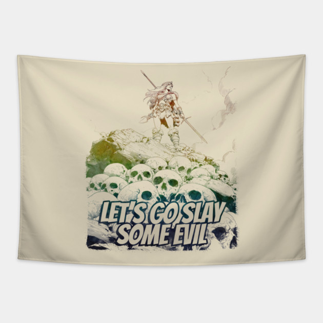 "Let's Go Slay Some Evil" Vintage Barbarian Fantasy Tapestry by Nonstop Shirts
